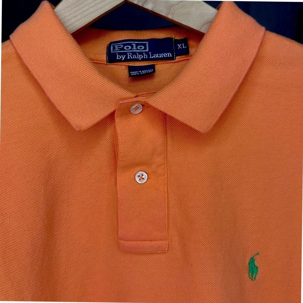Polo Ralph Lauren Polo Shirt XL Orange Short Sleeve Pique Cotton Green Pony Logo